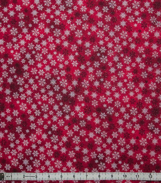 Snowflakes on Red Texture Christmas Glitter Cotton Fabric