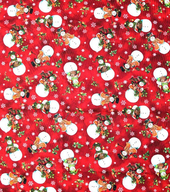 Happy Snowman on Red Christmas Cotton Fabric