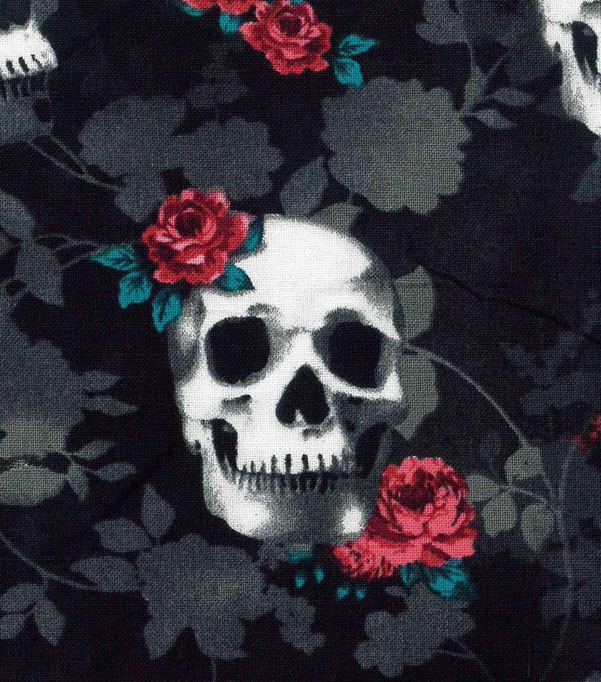 HD Roses And Skull Green Printed Cotton Fabric By The Yard