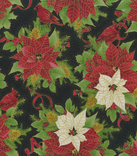 Hi Fashion Cardinals & Poinsettias Christmas Metallic Cotton Fabric