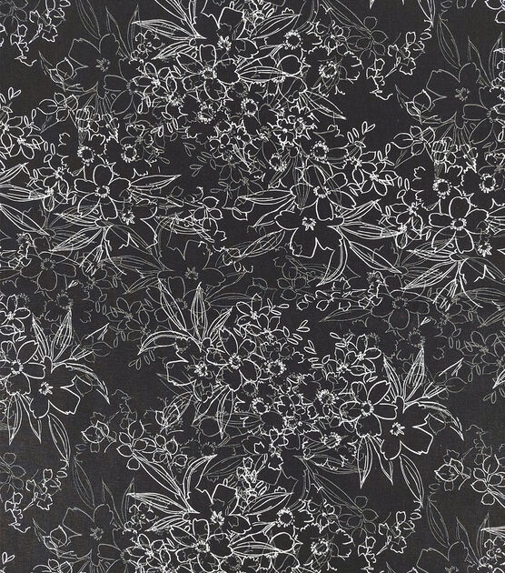 White Sketch Floral on Black Quilt Cotton Fabric by Keepsake Calico