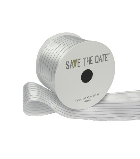 Save the Date 2.5" x 15' Silver Stripes on White Ribbon