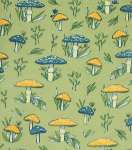 Mushrooms & Leaves on Green Anti Pill Plush Fleece Fabric | JOANN