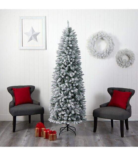 Nearly Natural 7' White Pre Lit Flocked Slim Montreal Fir Christmas Tree, , hi-res, image 7