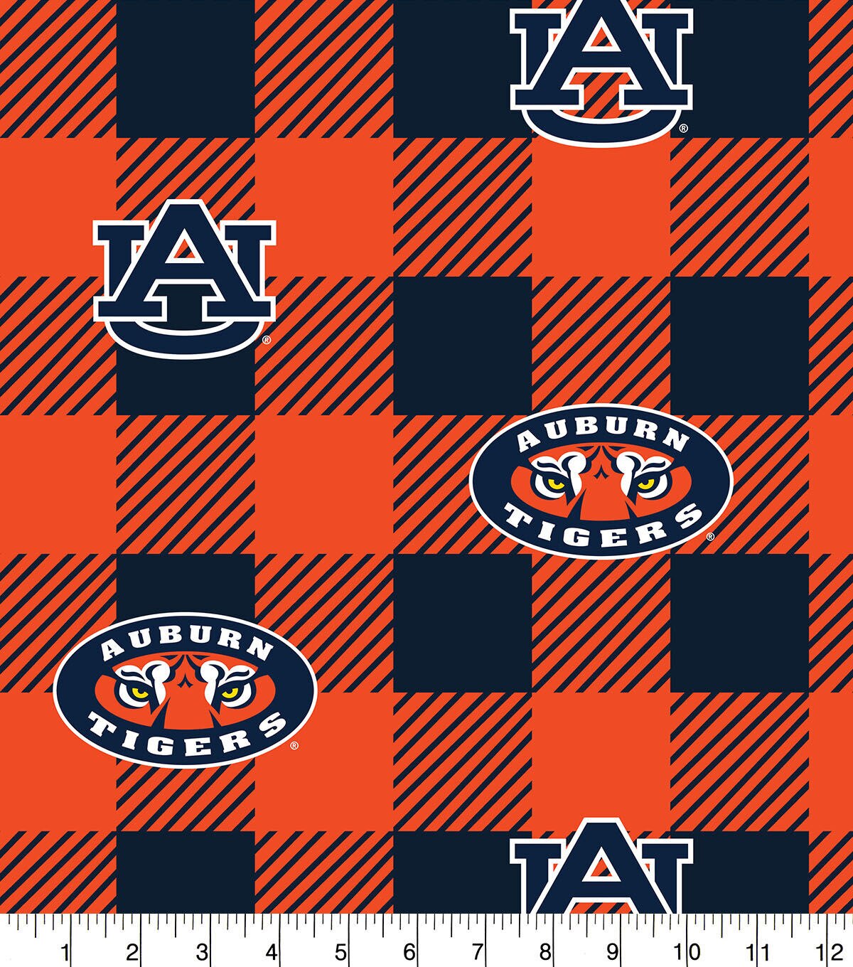 Auburn University Fleece Blanket Fabric-Auburn Tigers Fleece Fabric with Buffalo Plaid Design 