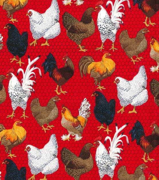 Fabric Traditions Novelty Cotton Fabric Farm Chickens on Red, , hi-res, image 2