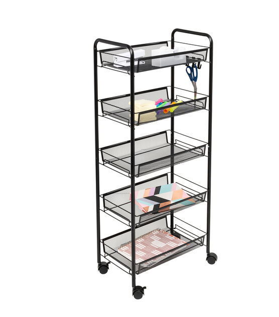 Honey Can Do 17.5" x 41" Black 5 Tier Storage Cart With 4 Hooks & Wheels, , hi-res, image 3