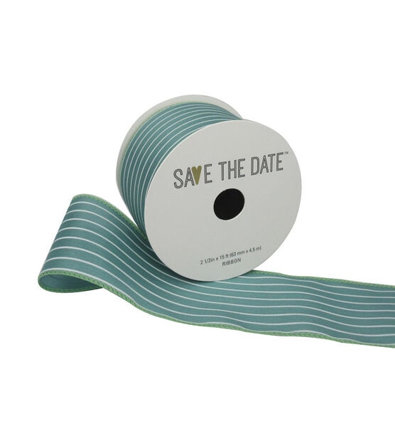Save the Date 2.5"x15' White Stripes Green Woven Ribbon