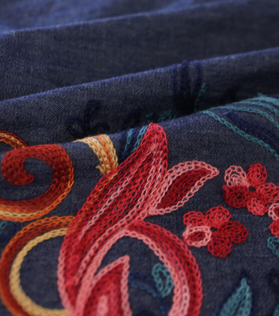 Dark Wash Multicolor Border Floral Embroidery Cotton Denim Fabric, , hi-res, image 4