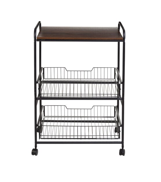 Honey Can Do 34" Black & Walnut 3 Tier Cart With Wood Shelf & Baskets, , hi-res, image 10