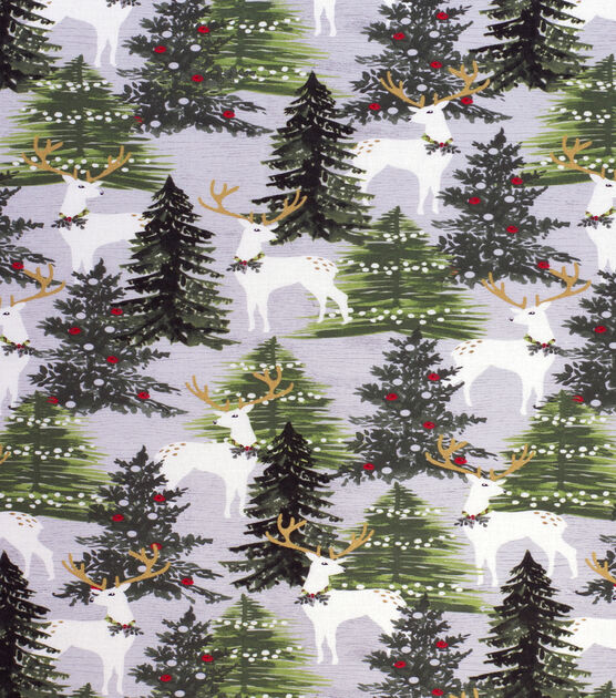 White Deer & Trees Christmas Metallic Cotton Fabric