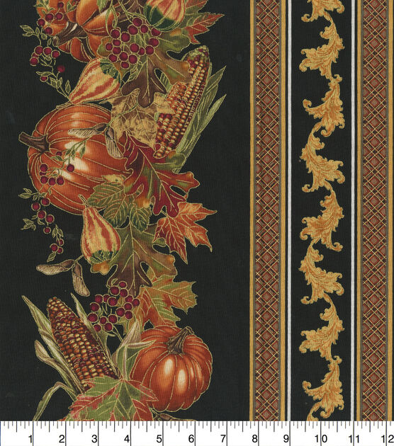 Hi Fashion Pumpkin Harvest Stripe on Black Harvest Metallic Cotton Fabric, , hi-res, image 2