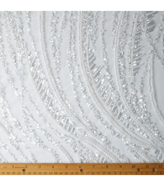 Badgley Mischka White Pearl Sequin Beaded Mesh Fabric, , hi-res, image 5