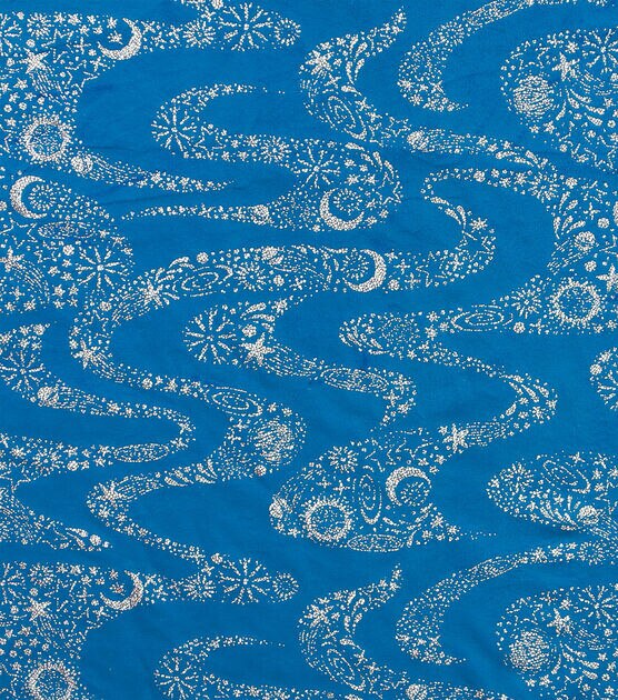 Silver Metallic Celestial Waves on Blue Pure Plush Fleece