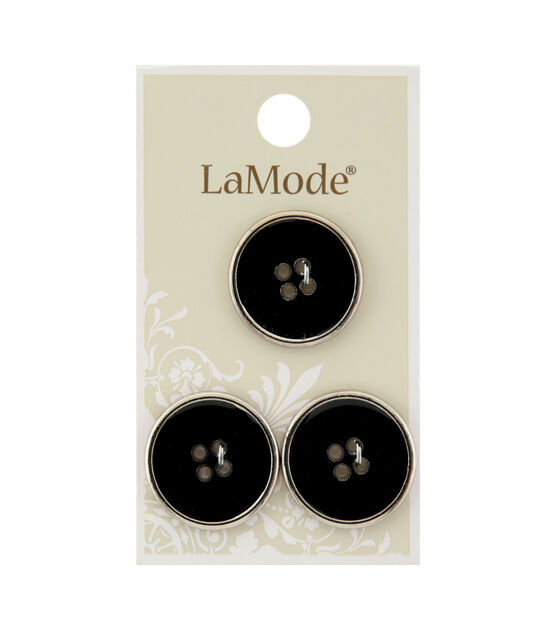 La Mode 7/8"Black 4 Hole Buttons With Silver Rim 3pk