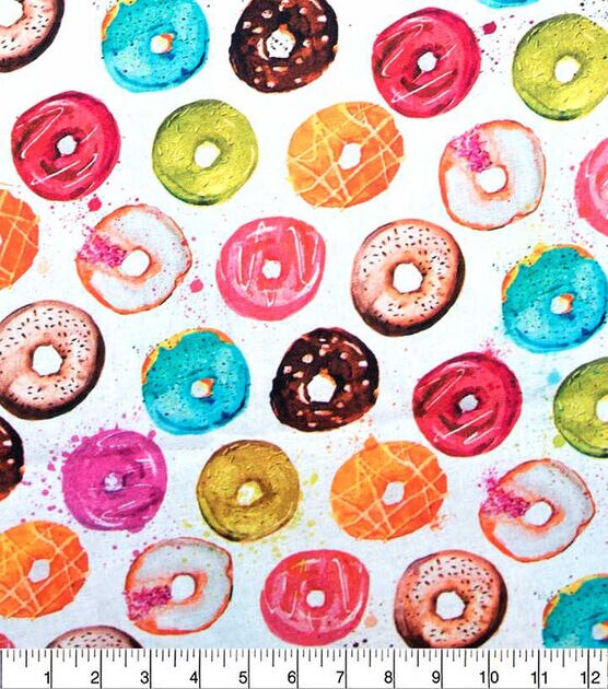 Rainbw Donuts On White Novelty Cotton Fabric, , hi-res, image 2