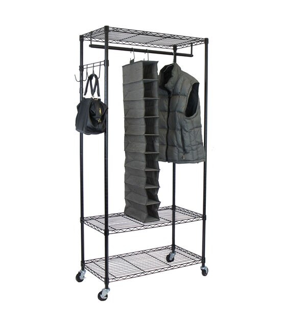 Oceanstar 75.5" Black Garment Rack With Adjustable Shelves With Hooks, , hi-res, image 4