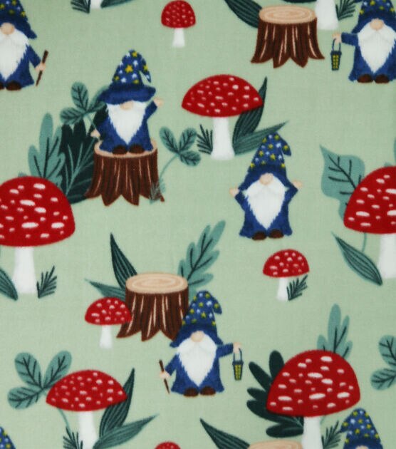 Mushrooms & Gnomes on Green Anti Pill Fleece Fabric