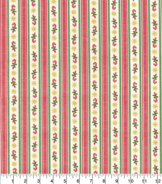 Fabric Traditions Candy Cane & Snowflake Striped Christmas Cotton Fabric
