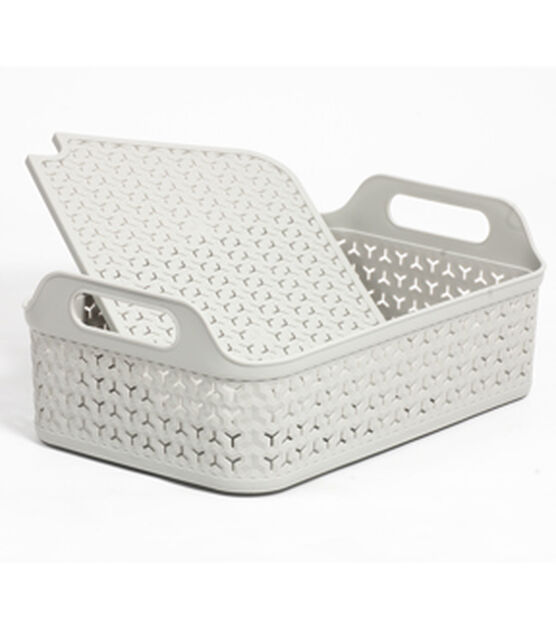 15" x 7" White Plastic Storage Basket With Lid by Top Notch, , hi-res, image 2