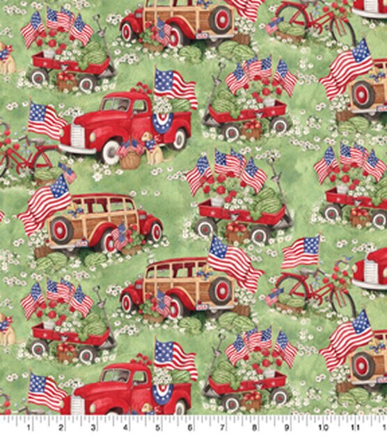 Red Trucks and Wagons Patriotic Cotton Fabric, , hi-res, image 2