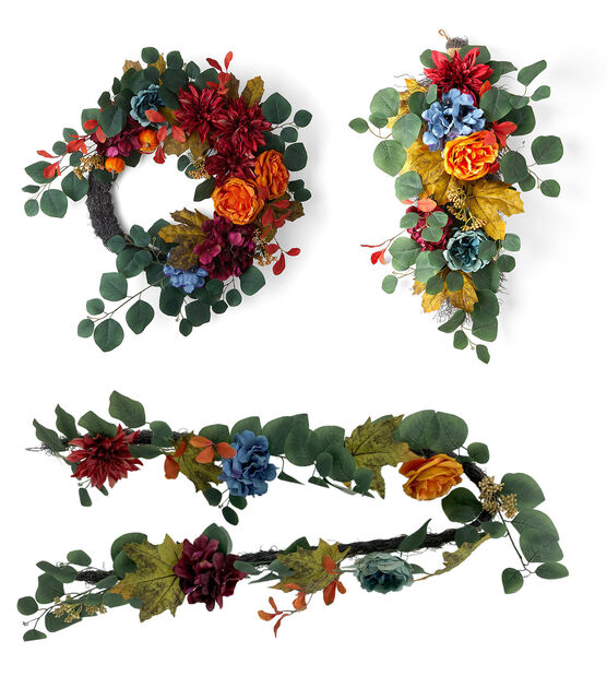Coordinating Fall Red Dahlia & Blue Peony Teardrop Wreath & Garland
