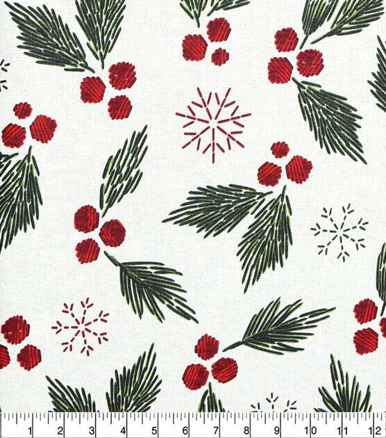 Holly Leaves & Berries on White Christmas Cotton Fabric, , hi-res, image 2