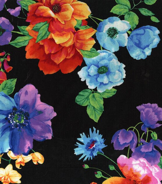Hi Fashion Vibrant Floral On Black Large Premium Print Cotton Fabric