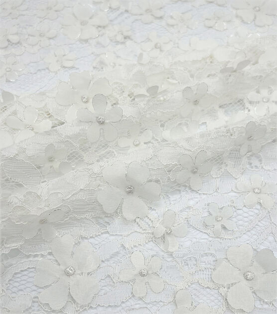 White 3D Floral On Lace Fabric by Sew Sweet, , hi-res, image 3