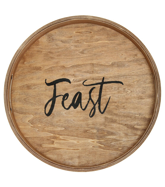 Elegant Designs 13.75" Round Wood Serving Tray w/ Handles, "Feast", , hi-res, image 1