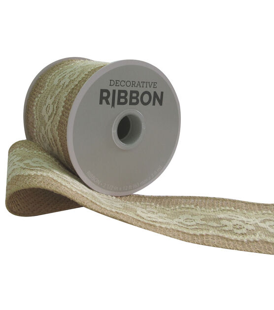 Decorative Ribbon 2.5''x12' Lace on Burlap Ivory