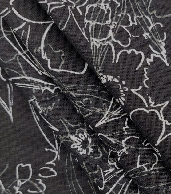 White Sketch Floral on Black Quilt Cotton Fabric by Keepsake Calico, , hi-res, image 2