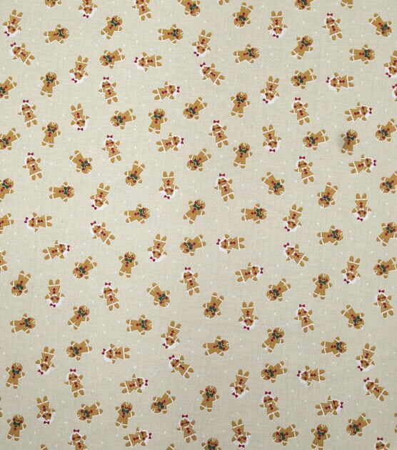 Gingerbread Men & Dots on Tan Christmas Cotton Fabric, , hi-res, image 2