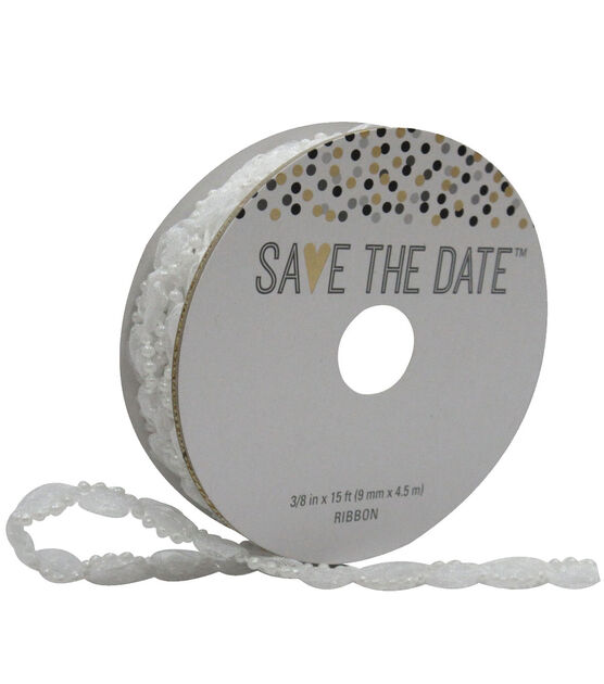 Save the Date 3/8" x 15' Wrapped Pearl White Ribbon