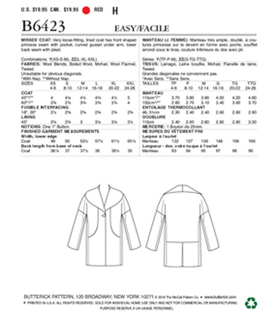 Butterick Pattern B6423 Misses' Drop Shoulder, Collar Coat Size 16 26 ...