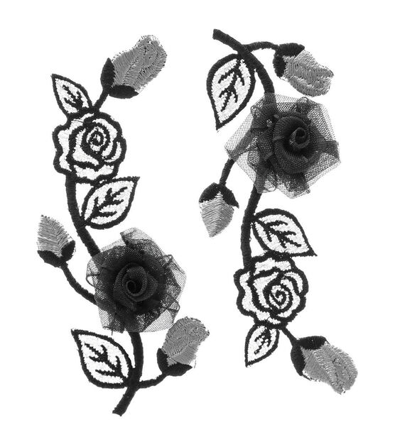 Simplicity 1.5" x 2.5" Black & Silver Flowers Iron On Patch