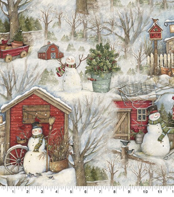 Springs Creative Snowmen Barn Christmas Cotton Fabric