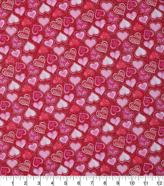 Patterned Hearts on Red Valentine's Day Glitter Cotton Fabric, , hi-res, image 2