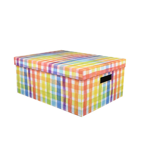 15" Rainbow Plaid Rectangle Box With Cutout Handles by Place & Time