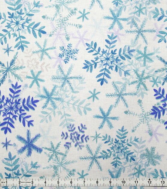 Blue Snowflakes on White Christmas Glitter Cotton Fabric