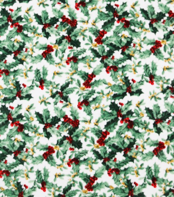 Green Holly & Berries Anti Pill Fleece Fabric, , hi-res, image 1