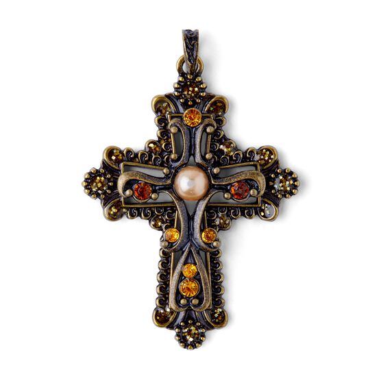 76mm x 51mm Oxidized Brass & Amber Cross Metal Pendant by hildie & jo, , hi-res, image 2