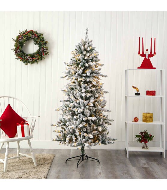 Nearly Natural 6.5' Clear Pre Lit Flocked Livingston Fir Christmas Tree, , hi-res, image 5