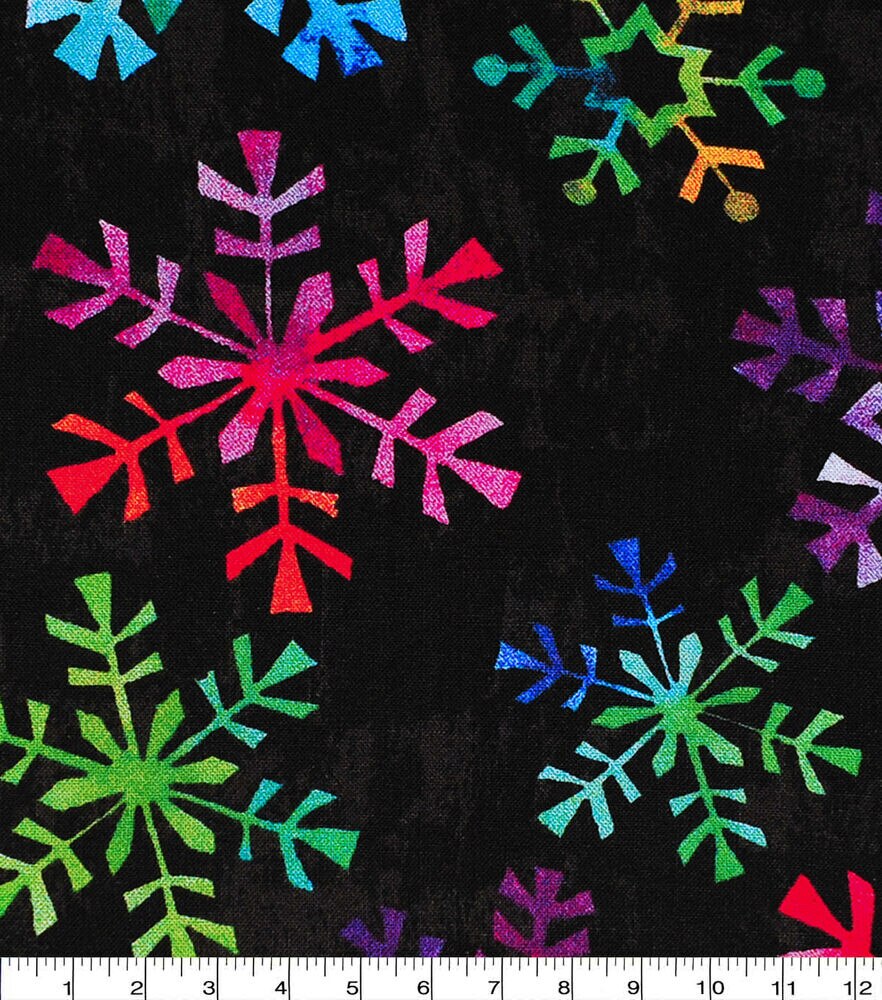 Bright Snowflakes Christmas Cotton Fabric, Black, swatch