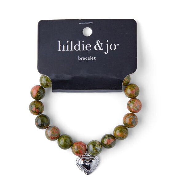 Green Beaded Stretch Bracelet With Silver Heart Charm by hildie & jo
