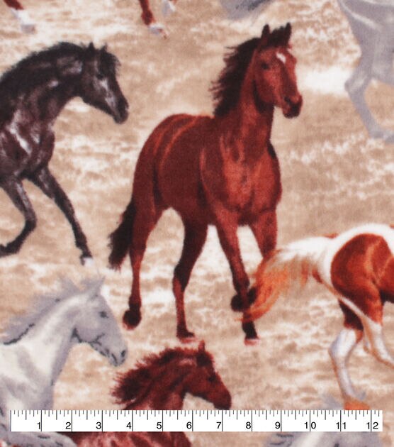 Realistic Horses Running on Brown Anti Pill Fleece Fabric