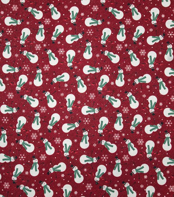 Snowmen & Snowflakes on Red Christmas Glitter Cotton Fabric, , hi-res, image 2