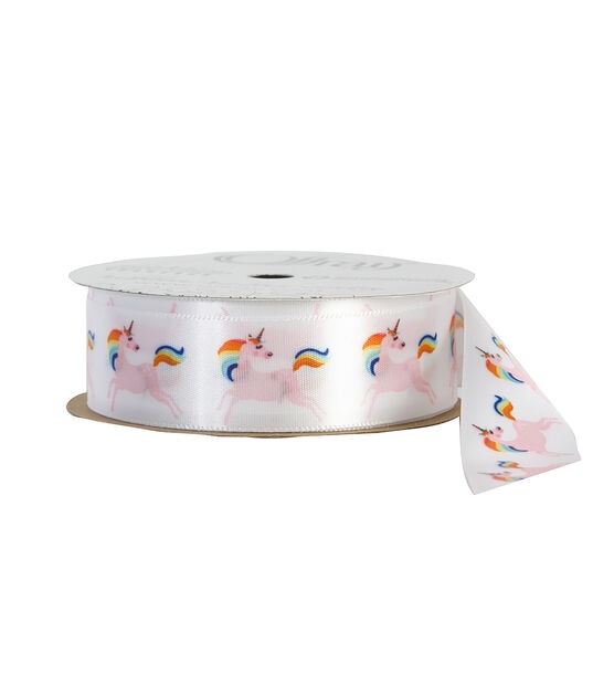 Offray Grosgrain Ribbon 7/8''x9' Rainbow Unicorns on White