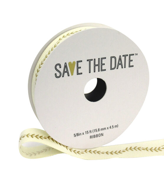 Save the Date 5/8" x 15' Gold Ferns on Ivory Ribbon