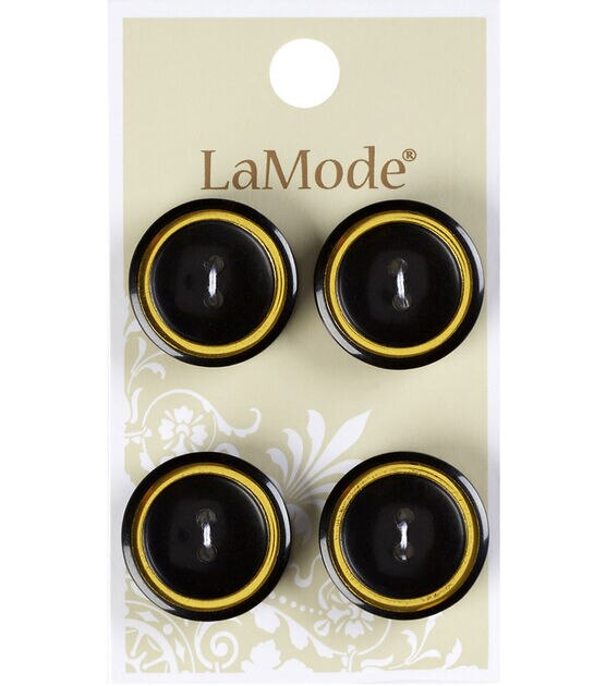 La Mode 13/16" Black Round 2 Hole Buttons With Gold Rim 4pk